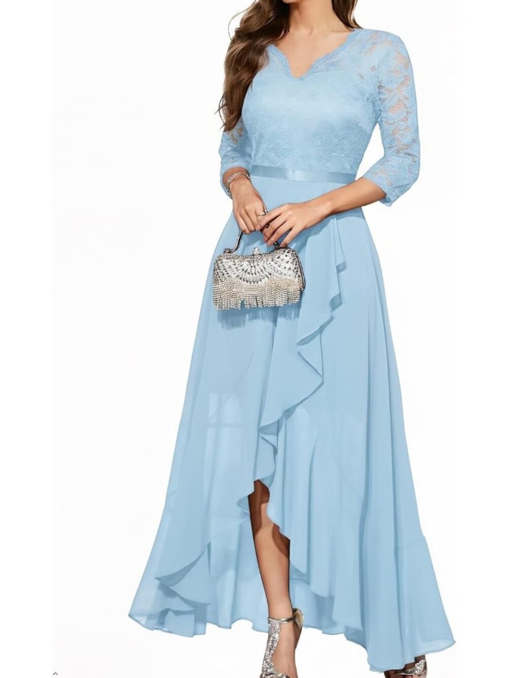 Women's Sky Blue V-Neck Wedding Floral Lace Cocktail Party Bridesmaid Dresses